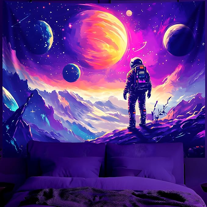 BVBOX Blacklight Space Astronaut Tapestry UV Reactive Galaxy Planet Glow in Dark Tapestries Black Light Poster Neon Wall Hanging Art for bedroom Living Room (Astronaut & Star-1M)
