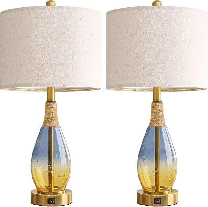 23" Table Lamps for Living Room Set of 2,Bedside Lamps for Night Stands, Rattan Lamps for Bedroom,Farmhouse Lamps with Glass Nightlight,Two Light Points