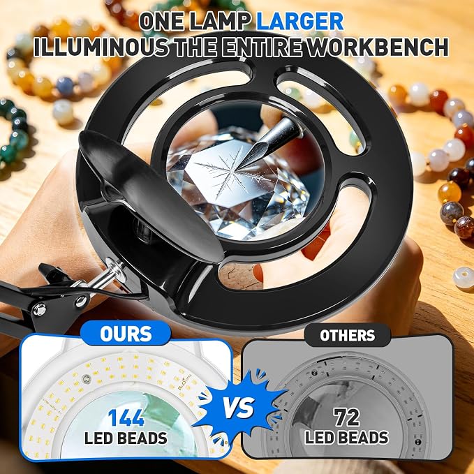 12X Magnifying Glass with Light, KIRKAS 2,200 Lumens LED Magnifying Lamp | with Clamp, Stepless Dimmable Real Glass Lens Magnifier, Adjustable Arm Workbench Light for Close Work Hobby Repair - Black