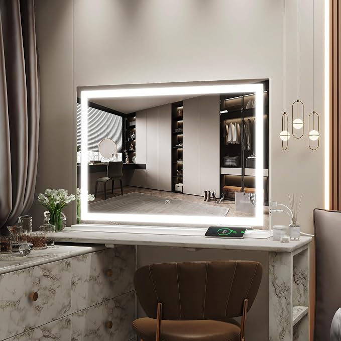 ROLOVE Vanity Mirror with Lights, 32" x 22" Large Lighted Vanity Mirror with Dimmable 3 Modes, LED Makeup Mirror, USB Charging Port, Tabletop or Wall-Mounted Square White