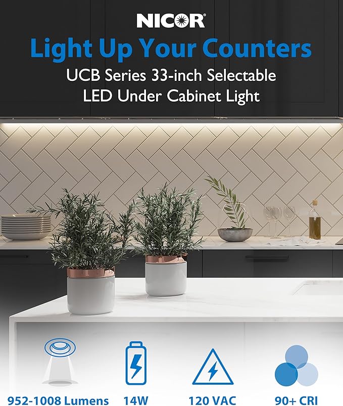 33” LED Direct Wire Under Cabinet Light with On/Off Switch - LED Lights for Kitchen - Selectable CCT 2700K-5000K, 952-1008 Lumens, 14W - UCB Hardwired Under Cabinet Lighting by NICOR Lighting