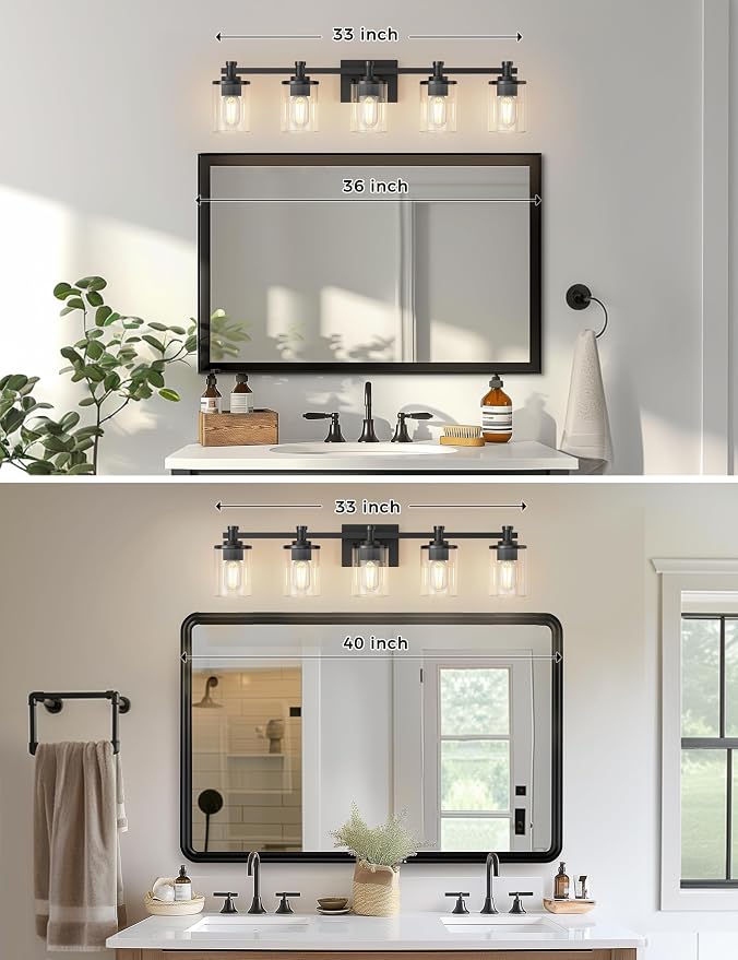 Bathroom Light Fixture, Bathroom Vanity Light Over Mirror, 5-Lights | Vanity Lights for Bathroom, Modern Lighting Fixtures with Clear Glass Shade, Black Vanity Lights, ETL Listed