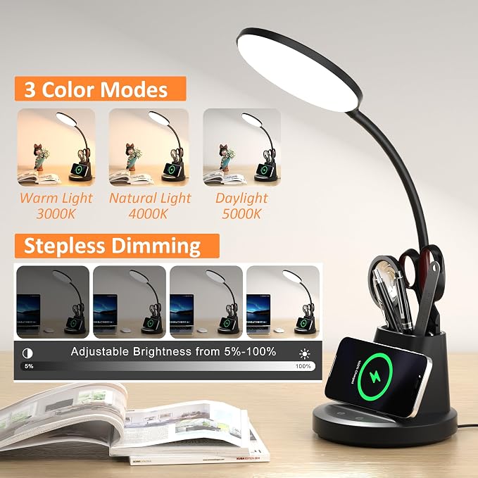 LED Desk Lamp with Wireless Charger for Home Office, Black | 3 Color Modes Dimmable Eye-Caring Study Desk Light for College Dorm Room, 360° Flexible Arm, Built-in Pen Holder, 800 Lumen