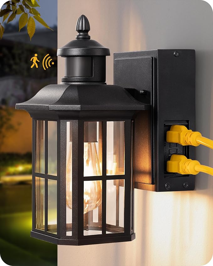EDISHINE Motion Sensor Dusk to Dawn Outdoor Wall Lights with GFCI Outlet | 3 Modes, E26 Base, 140° Angle & 33FT Range, Waterproof Outdoor Wall Sconce for Patio Garage, Black