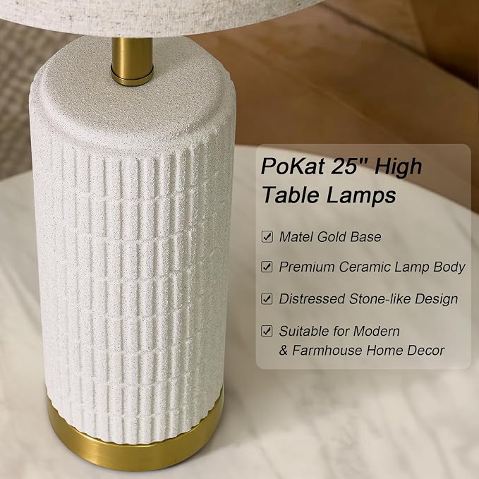 PoKat Farmhouse Table Lamps for Living Room Set of 2 with Gold Base, 25'' Stone-Like Bedside Lamps for Bedroom Night Stands, Ructic Ceramic Lamp for Office Hallway End Table Dorm (Frosted White)