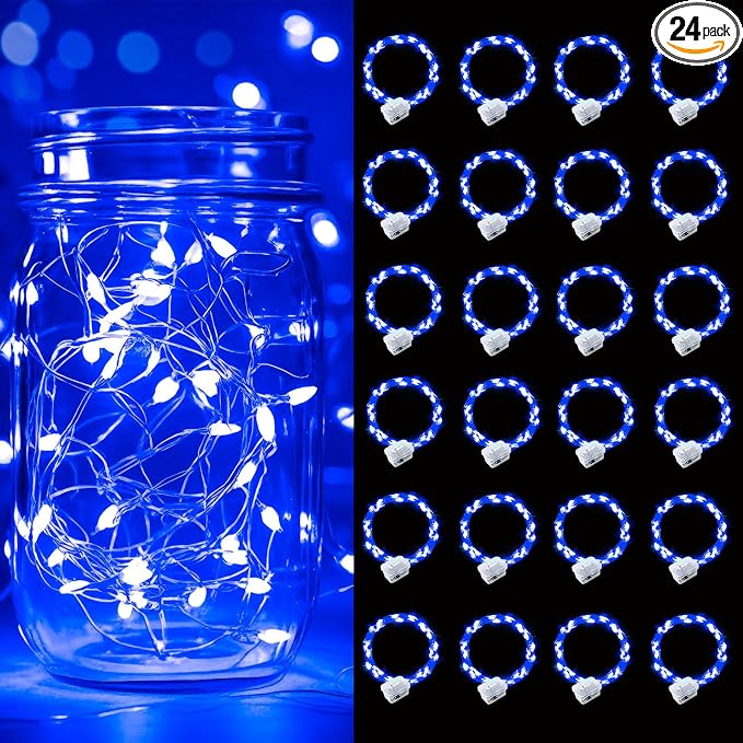 pozzolanas 24 Pack Blue Battery Operated String Lights - 7ft Waterproof Fairy Lights with 20 LEDs for Home, Mason Jar, Party, Wedding, Halloween, Christmas Decorations