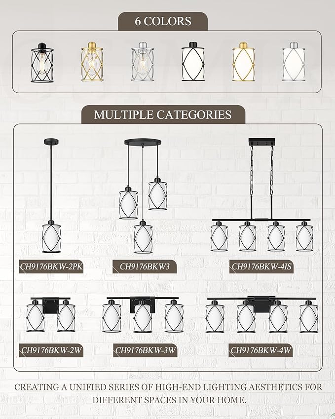 Glass Pendant Lights Kitchen Island, 2 Pack Modern Black Pendant Light Fixtures with Frosted Glass and Rod, Mid Century Cage Pendant Light for Kitchen Sink Dining Room, CH9176BKW-2PK