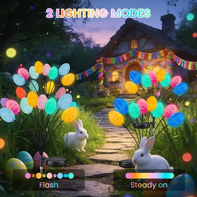 4 Pack 32 Led Solar Easter Egg Lights, Colorful Garden Swaying Firefly Lights Outdoor with 2 Lighting Modes, Waterproof Solar Stake Lights for landscaped Yards, Porches and Patio Easter Decorations