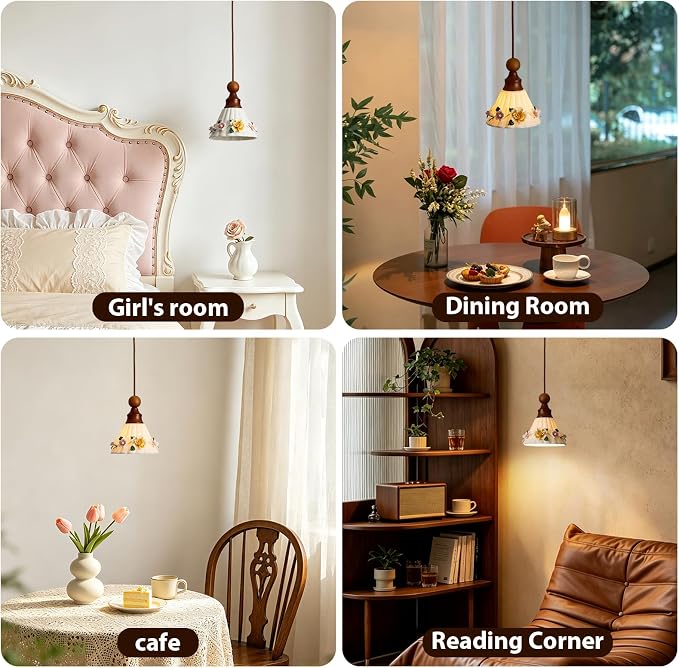 Vintage Ceramic Pendant Light, 6.7in Floral Porcelain Hanging Lamp with wooden Fitting, Mid Century Modern Small Hanging Lighting for Kitchen Island, Bedroom, Girl's Room, Cafe, Nursery, Entrance