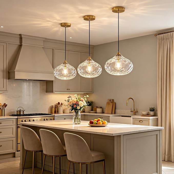 11in Gold Pendant Lights Kitchen Island with Hammered Clear Glass Shade 1PC | Handcrafted Glass Pendant Light Fixtures, UL Certified, E26 Base 100W Max, Height-Adjustable, Dimmable Hanging Pendant Light