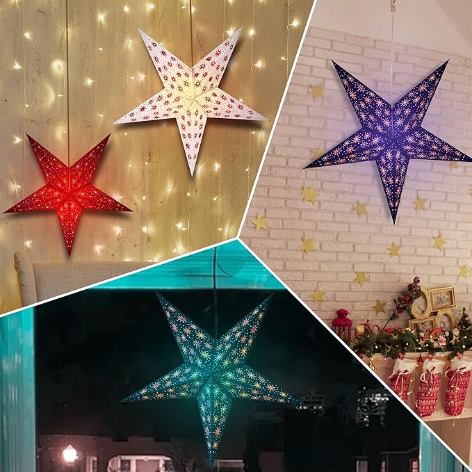 GalaxyArts Blue Paper Star Lantern, 24 Inch 3D Illuminated Starlite Hanging Lamp, Handcrafted Hollow Decoration for Weddings, Parties, Christmas, Holidays, Easy to Hang Indoor/Outdoor Home Décor