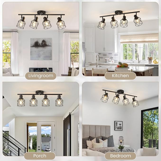 4-Light Kitchen Track Lighting, Island Lights, Farmhouse Ceiling Light | Adjustable Light Heads Rotate To Direct Light Where Needed, With Standard E26 Base For Kitchen Hallway Dining Room