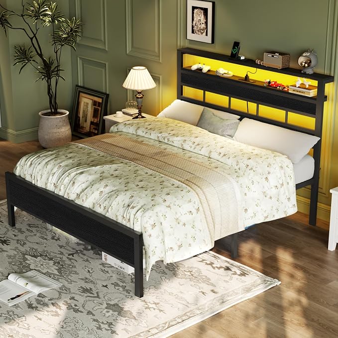 Full Size Bed Frame, Storage Headboard, LED & Charger, Black Oak | Metal Platform Bed with Heavy Duty Slats Support, 2-Tier Wood Shelf,USB & Type-C Ports,Noise-Free,No Box Spring,Easy Assembly