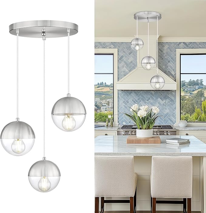 Modern Brushed Nickel 3-Light Cluster Pendant Lights, Mid Century Pendant Lighting with Clear Globe Glass Shade, Adjustable Hanging Cord Ceiling Light for Bathroom Dining Room, LMS-186BNC3