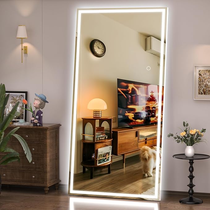 Hasipu Full Length Mirror with Lights, 83" x 36" LED Lighted Floor Standing, Full Body Dressing Hanging Mounted Mirror, Tempered Glass, Square White