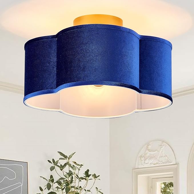 VILUXY Modern Semi Flush Mount Ceiling Light Fixture, Blue and Gold Ceiling Lights with Velvet Fabric Shade 4-Light Drum Ceiling Light Fixture for Bedroom Nursery Hallway Entryway Kitchen, UL Listed
