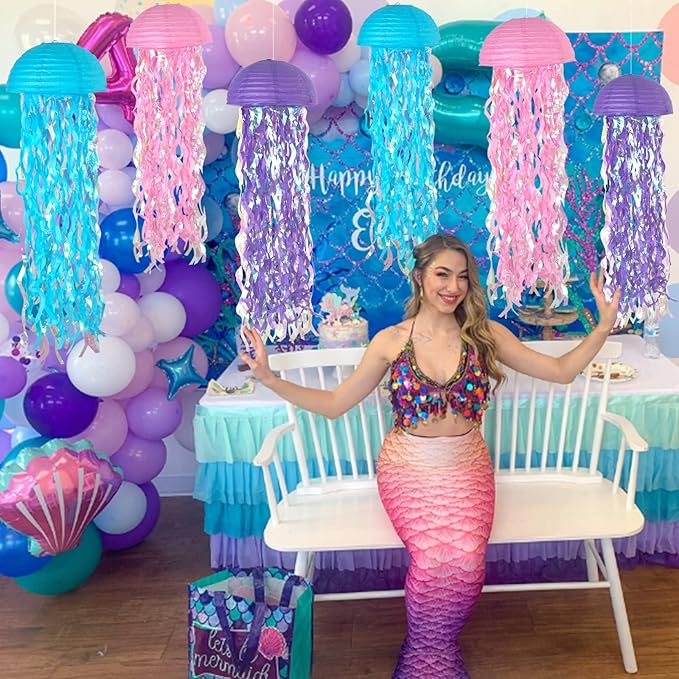 ADLKGG Pink Purple Blue Hanging Jelly Fish Paper Lanterns, Gradient Colorful Paper Lanterns for Mermaid Theme Party Under The Sea Ocean Birthday Decorations Baby Shower Baby Room