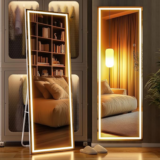 Full Length Mirror with Lights, 56" x 16" LED Lighted Floor Standing Body Mirror, Dimmable & 3 Color Lighting for Bedroom, Cloakroom, Dressing Room, Tempered Glass, Square White