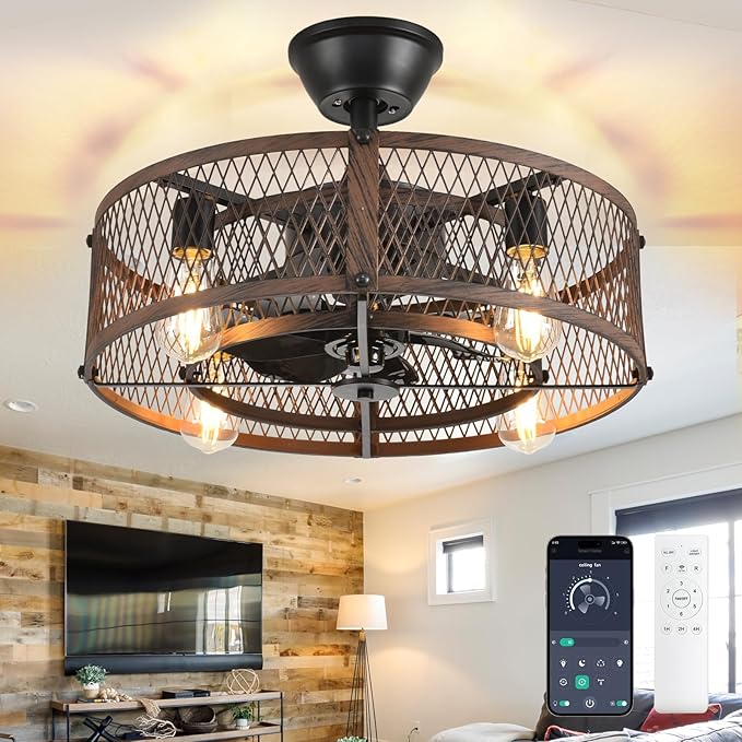 DLLT Caged Ceiling Fan with Lights: 20" Farmhouse Fandelier with Light and Remote - Walnut Industrial Chandelier Fan Light for Bedroom Living Dining Room Kitchen