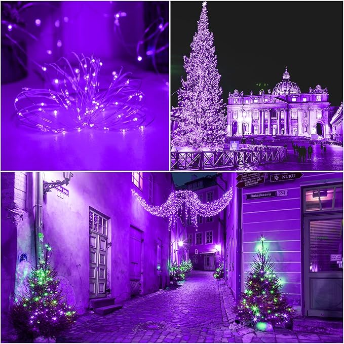 YAOZHOU Solar Christmas Halloween String Lights Purple Outdoor Waterproof 2Pack Total 200Led 8 Modes Copper String Lights Fairy Lights for Valentine's Day Garden, Patio, Fence, Balcony, Outdoors