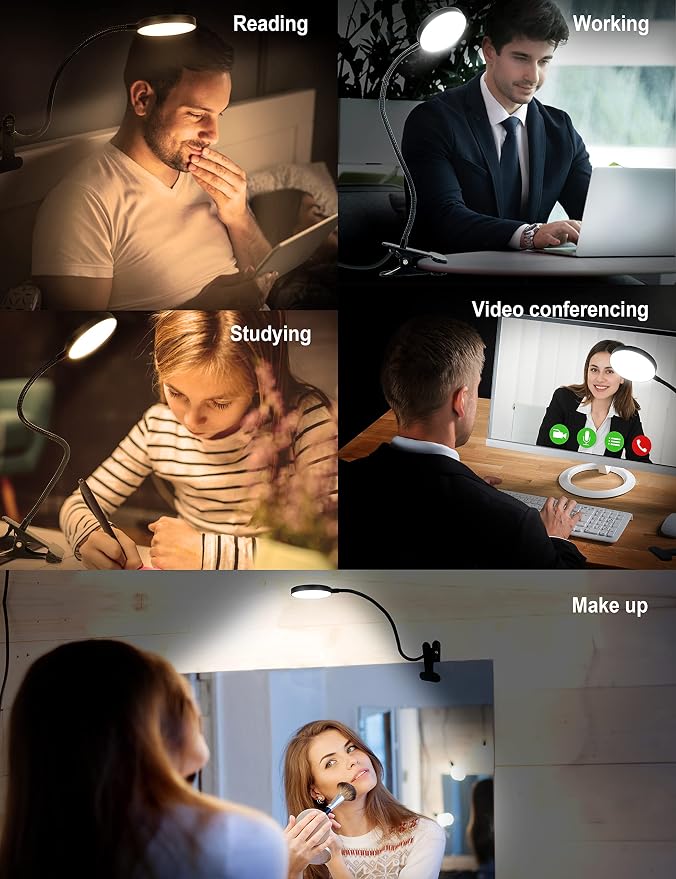 LiFMIRA Clip on Lamp, 8W 66 LED Bed Light for Reading, 5 Color Modes, 10 Brightness Levels, Eye Care, Flexible Gooseneck, Metal Clamp, USB Powered, Modern Design, Black | 5 Color Modes, 10 Brightness Levels, Eye Care Clip on Light, Flexible Gooseneck, ...