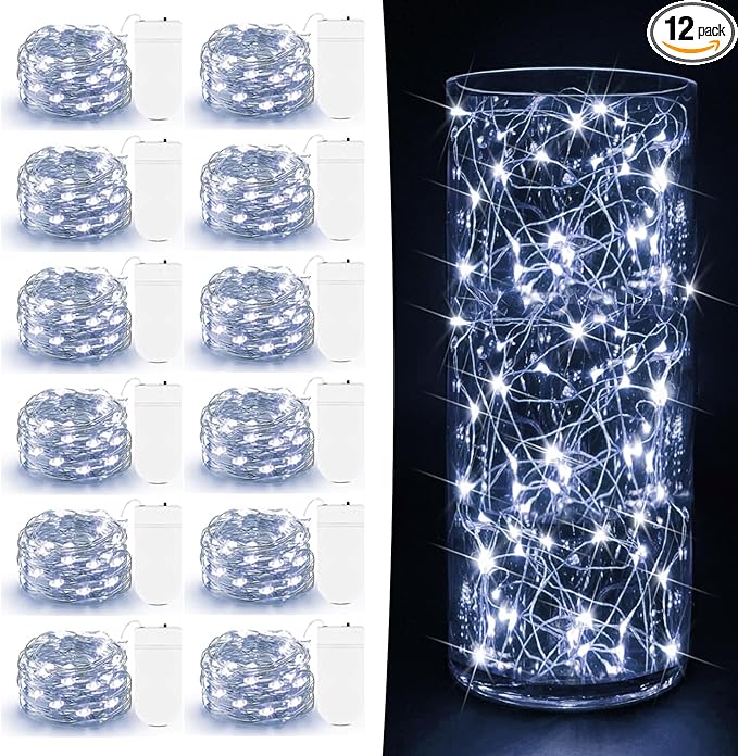 12 Pack Fairy Lights Battery Operated - 7ft 20 LED Twinkle Lights Copper Wire Mini String Lights Firefly Lights for Mason Jars DIY Crafts Christmas Wedding Party Centerpiece Table Decor, Cool White