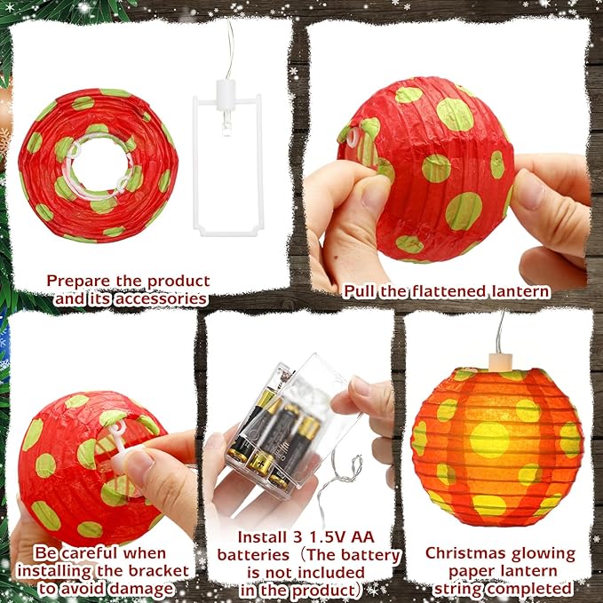 10 Pcs Christmas Paper Lanterns Red and Green Paper Lantern with LED Light 8.2 ft Christmas Hanging Ornament for Xmas Tree Decor Home Fireplace Porch Decoration Xmas Party Supplies