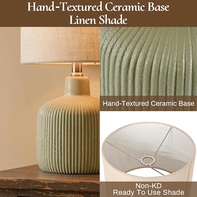 Ceramic Table Lamp, Oliver Green, 17.75" | Beige Linen Shade, Warm Ambient Lighting, Bedside Nightstand, Natural