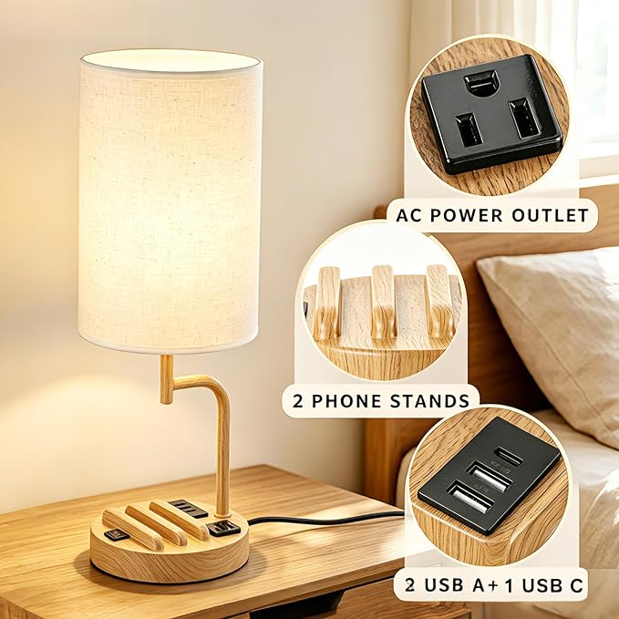 Dreamholder 2 Pack Table Lamp, Bedside Lamp with 3 USB Charging Ports & AC Outlet, USB Desk Lamp with 2 Phone Holders, Linen Fabric Shade Nightstand Lamps for Bedroom Living Room Office, Woodgrain