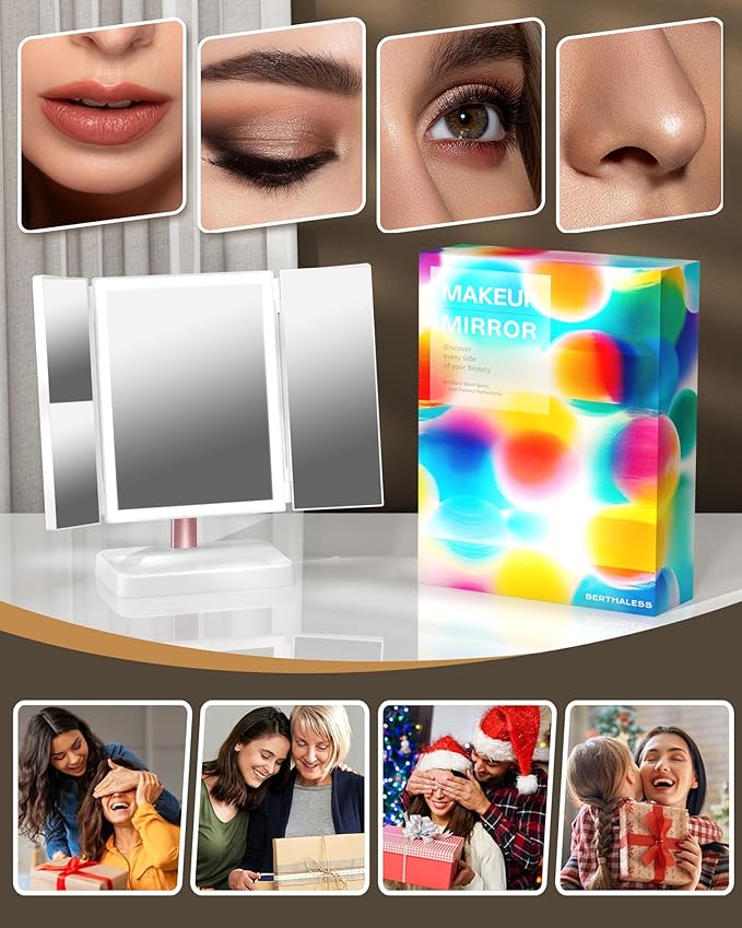 Makeup Mirror Vanity Mirror with Lights, 1X, 2X, 3X Magnification, 3 Color Lighting,Touch Sensor Dimmable, Light Up Tabletop Cosmetic Mirror