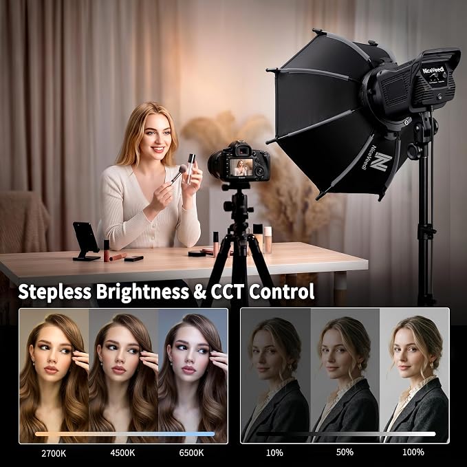 Niceveedi Softbox Lighting Kit, 2700-6500K LED Photography Lighting with 16.5” Quick-Release Softbox/Bowens Mount/Cooling System/Remote/Tripod, 90W Video Light for Video Recording/Streaming/Portraits