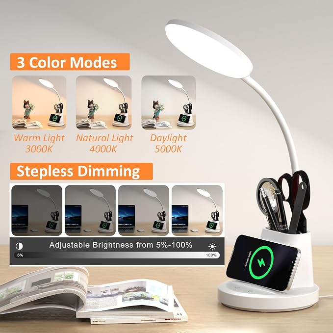LED Desk Lamp with Wireless Charger for Home Office, White | 3 Color Modes Dimmable Eye-Caring Study Desk Light for College Dorm Room, 360° Flexible Arm, Built-in Pen Holder, 800 Lumen