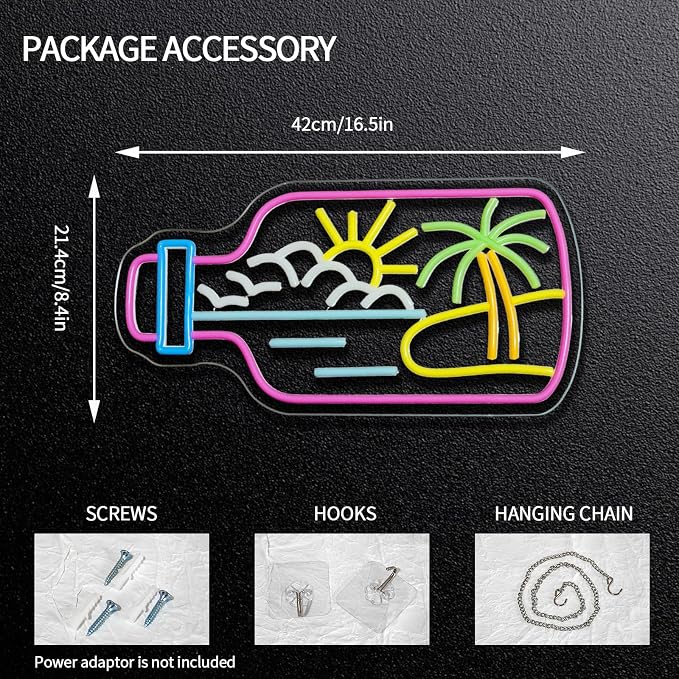 Bottle Beach Neon Sign Dimmable Summer Tropic Neon Light Sign for Wall Decor Palm Tree Led Signs for Bedroom Living Room Hawaii Shop Beach Bar Party Art Decor Gift 16.5" x 8.4"