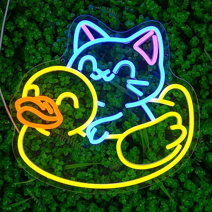 Cat Neon Sign for Wall Decor Duck Neon Light Animal LED Neon Sign USB Powered LED Neon Light for Bedroom Zoo Pet Shop Cat House Decoration(13.5"*12.9")