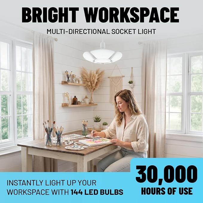 Bell+Howell Socket Burst 6 Panel Screw in LED Garage Lights | 3500LM Ultra Bright LED Shop Lights for Garage, Shed, Attic, Wrokshop, Screw-in E26/E27, 6 Light Panels, Easy to Install