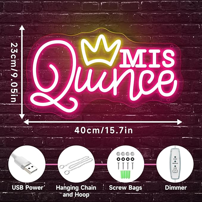 Mis Quince Neon Sign for Wall Decor, Dimmable LED Sign Neon Lights for Bedroom Quinceanera Christmas Birthday Party Room Decoration Gift for Girl Kid lover 15.7 * 9 Inch