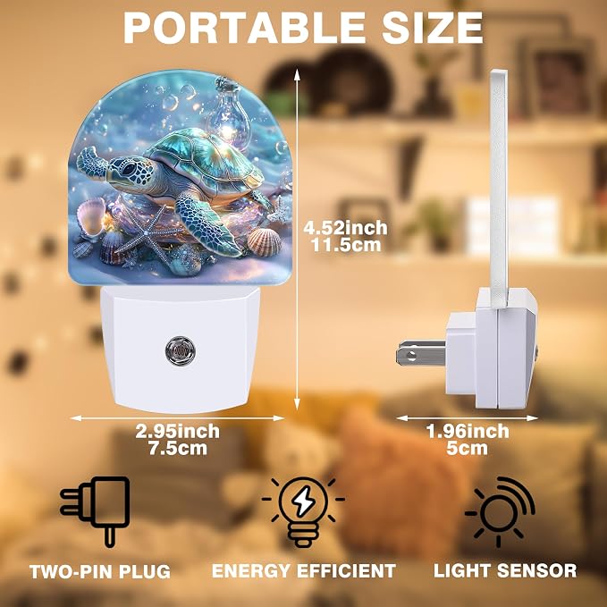 Ocean Animal Night Light, Sea Turtle and Seashell Night Lights Plug into Wall Dusk to Dawn Sensor Round Nightlight for Women Men Energy Efficient Led Lamp 0.5W for Stairway Hallway Bedroom