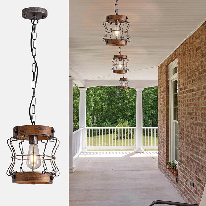 Farmhouse Chandelier Wood and Metal Rustic Light Fixtures 1-Light Round Cage Pendant Light Adjustable Height Industrial Hanging Light for Kitchen Island Hallway Bar Dining Room Entryway D 9.4" x H 9"