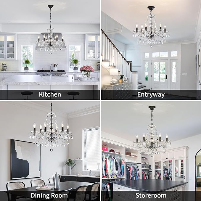 Crystal Chandelier Light Fixture, Modern K9 Crystal Chandeliers for Dining Room, 6-Lights Black Ceiling Light, Adjustable Hanging Pendant Light Fixture for Living Room Entryway Kitchen Island Hallway