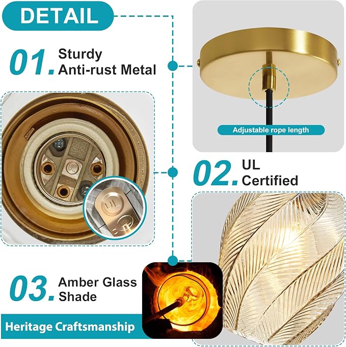 Amber Glass Pendant Lights Kitchen Island Gold Hanging Ceiling Light 8" | 1 Pack, Adjustable height, Dimmable, E26 bulbs, Rust-resistant Damp Rated For Bathrooms, 5-Year Warranty, UL Certification