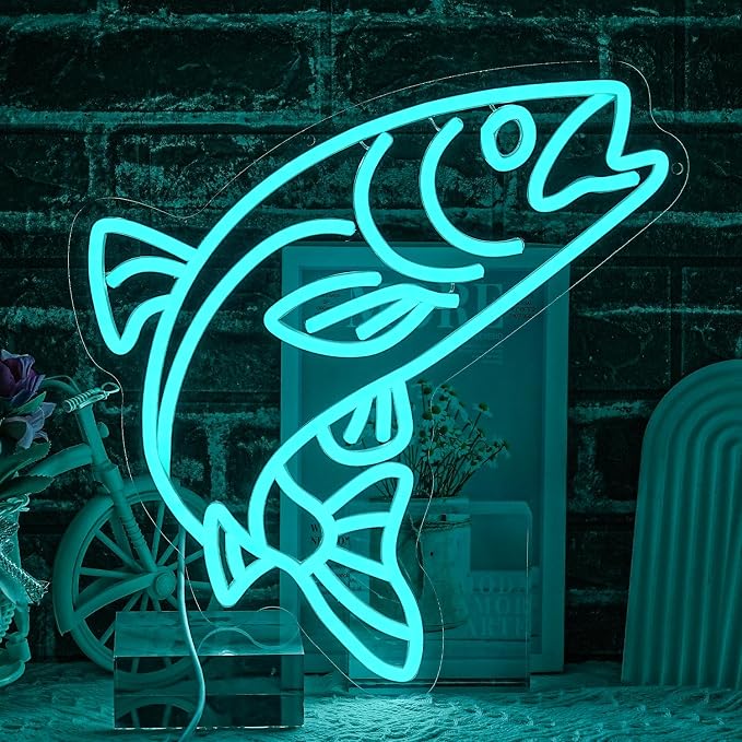 Fish Neon Sign for Wall Decor Blue Salmon Neon Light Fishing Neon Light Sign Ocean Led Light Sign for Fish Shop Bedroom Living Room Restaurant Office Kitchen Decoration