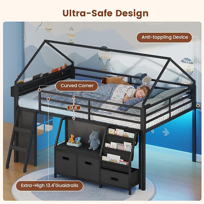 ADORNEVE Low Loft Bed Full Size with Bookshelf, Reading Nook & 3 Drawers | Black Kids Loft Bed, LED Light, Storage Drawers, Under-Bed Play Space,Safety Guardrail, Inclined Ladde, Play Curtain