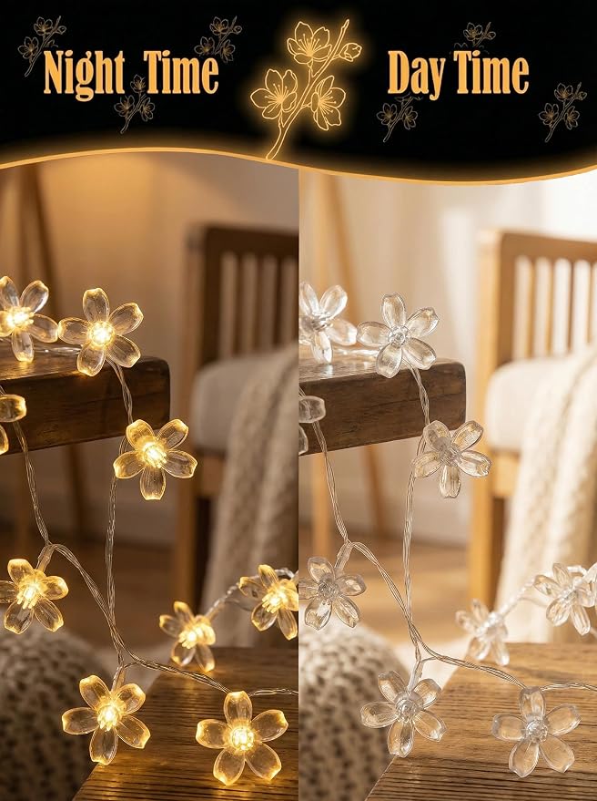 Flower Battery Operated Indoor String Lights 30L Cherry Blossom Fairy Light | Waterproof Outdoor Party Birthday Wedding Room Camping Graden Home Orange