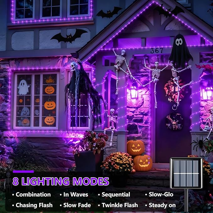 YEGUO Solar Halloween Lights, 2 Packs Each 33ft 100 LED String Lights Outdoor Waterproof, 8 Modes Fairy Lights in Clear Thin Tube for Camping Fence Patio Garden Trampoline Deck(Purple)