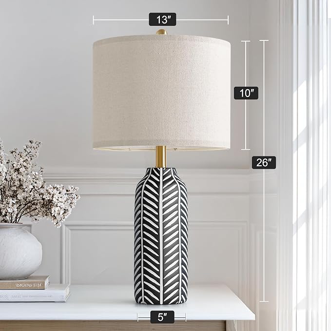 BOBOMOMO 26" Farmhouse Black Table Lamps Set of 2 – Rustic Resin Lamps with Vintage Leaf Pattern and Linen Shades, Black Bedside Lamps for Bedroom, Living Room, Office, Entryway, Console Table