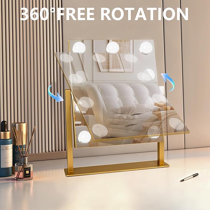 Moonee Gold Vanity Mirror with Lights, Hollywood Lighted Makeup Mirror with 9 Dimmable Bulbs and 10X Magnification 360°Rotation, 3 Colors Modes, Light Up Mirror for Tabletop（12" x 14"）