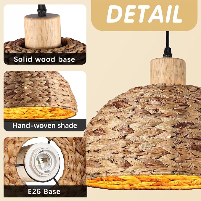 Boho Pendant Lights Kitchen Island, 11.8" Hand-Woven Rattan Light Fixture Bohemian Lighting Farmhouse Seagrass Weaving Hanging Ceiling Light Chandelier for Living Dining Room Restaurants