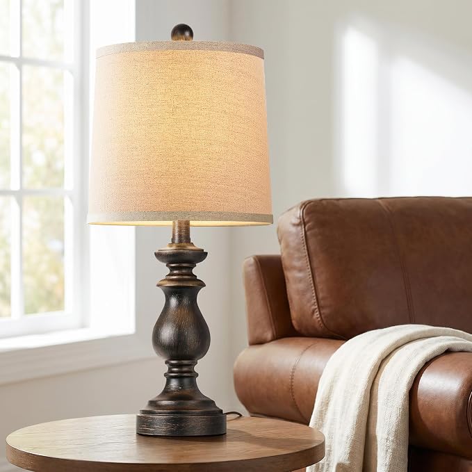 Traditional Table Lamp Set of 2, Rustic Farmhouse Table Lamps for Living Room Bedroom, 22" Bedside Desk Lamps Vintage Nightstand Lamps with Linen Shades, Oil Rubbed Bronze