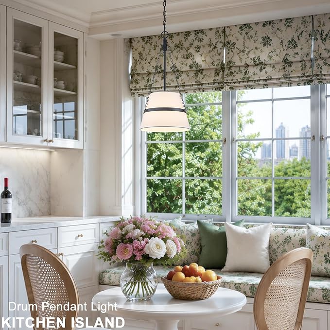 11.4" Black Drum Pendant Light for Kitchen Island, White Linen Fabric Shade | Modern Transitional, Cone Shape, 3 Side Chains, 1-Light, Breakfast Nook, Reading Corner, Adjustable Height 11.42"W x 23.82"H