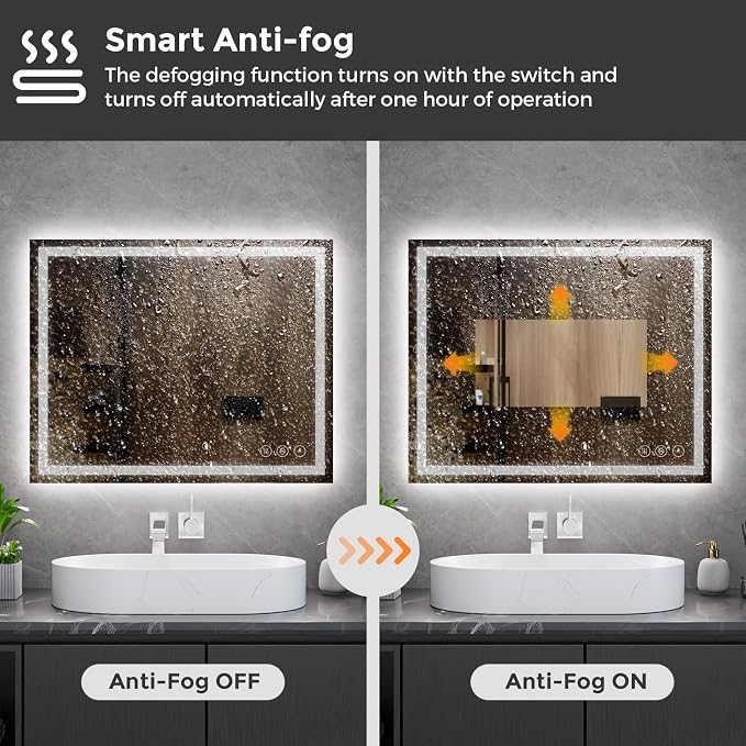 Koonmi 50x30 LED Bathroom Mirror with Light, Anti-Fog, 3 Colors | Backlit + Front Lit, Dimmable Brightness, Shatterproof HD Distortion-Free Tempered Glass, Hardware Included
